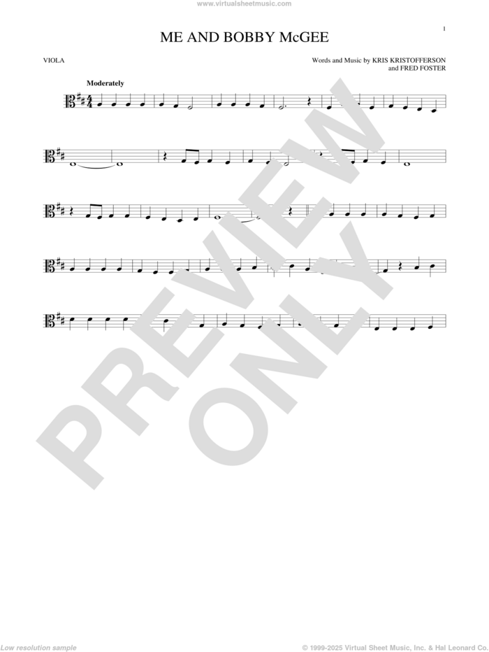 Me And Bobby McGee sheet music for viola solo by Kris Kristofferson, Janis Joplin, Roger Miller and Fred Foster, intermediate skill level