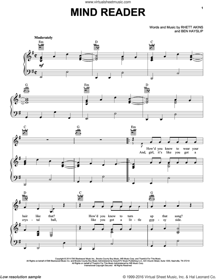 Mind Reader sheet music for voice, piano or guitar by Dustin Lynch, Ben Hayslip and Rhett Akins, intermediate skill level