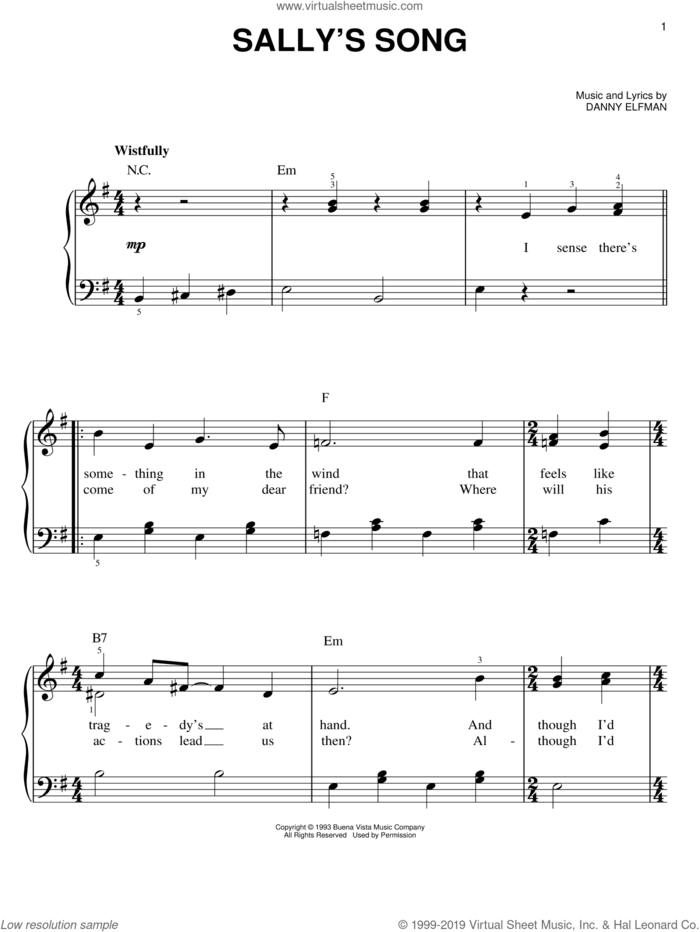 Sally's Song (from The Nightmare Before Christmas) sheet music for piano solo by Danny Elfman and The Nightmare Before Christmas (Movie), easy skill level