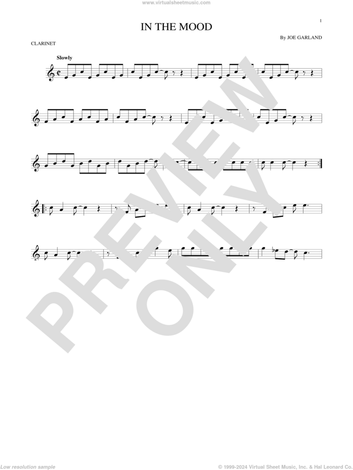 In The Mood sheet music for clarinet solo by Joe Garland and Glenn Miller & His Orchestra, intermediate skill level