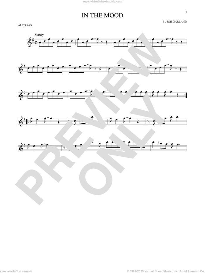 In The Mood sheet music for alto saxophone solo by Joe Garland and Glenn Miller & His Orchestra, intermediate skill level