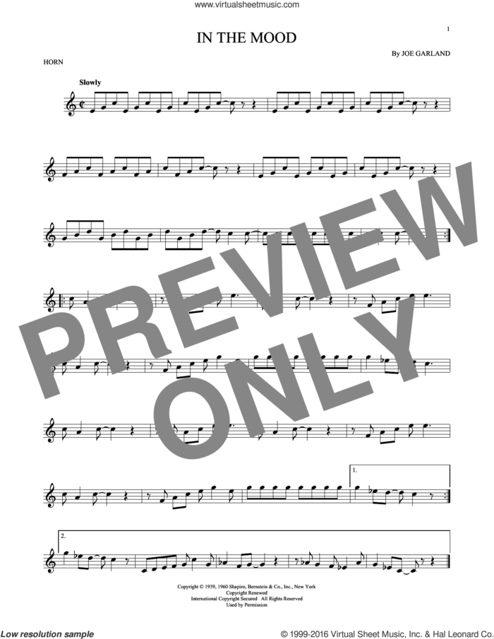 In The Mood sheet music for horn solo by Joe Garland and Glenn Miller & His Orchestra, intermediate skill level