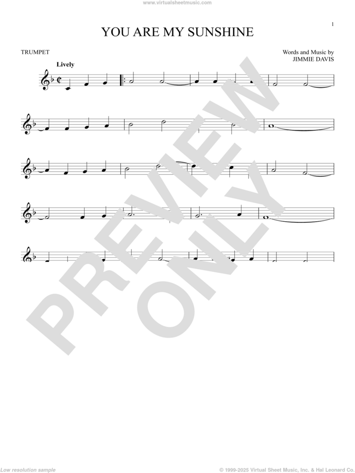 You Are My Sunshine sheet music for trumpet solo by Jimmie Davis, Duane Eddy and Ray Charles, intermediate skill level