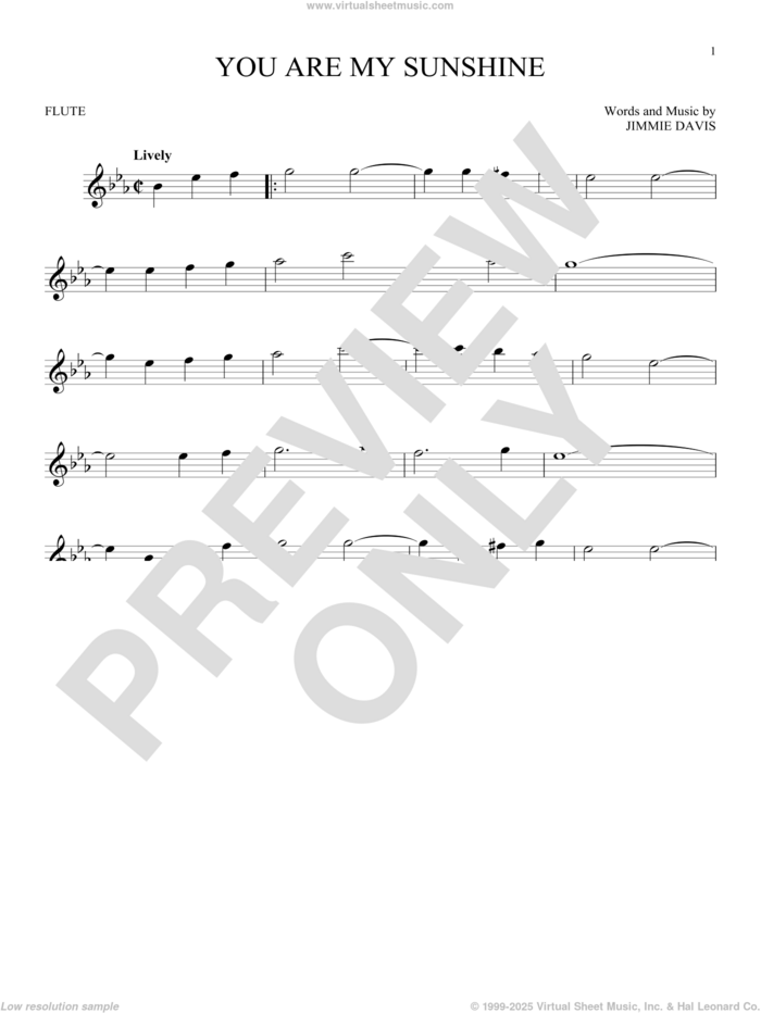 You Are My Sunshine sheet music for flute solo by Jimmie Davis, Duane Eddy and Ray Charles, intermediate skill level