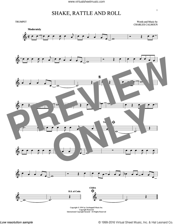 Shake, Rattle And Roll sheet music for trumpet solo by Bill Haley & His Comets, Arthur Conley and Charles Calhoun, intermediate skill level