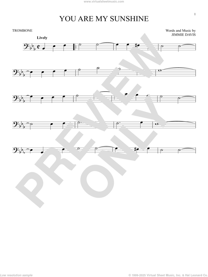 You Are My Sunshine sheet music for trombone solo by Jimmie Davis, Duane Eddy and Ray Charles, intermediate skill level