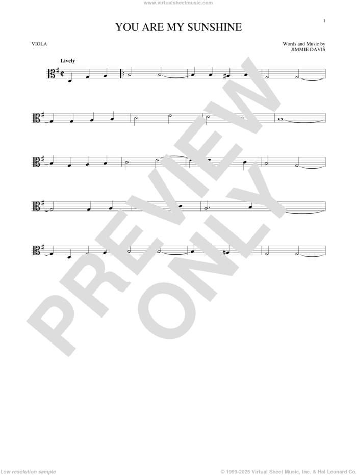 You Are My Sunshine sheet music for viola solo by Jimmie Davis, Duane Eddy and Ray Charles, intermediate skill level