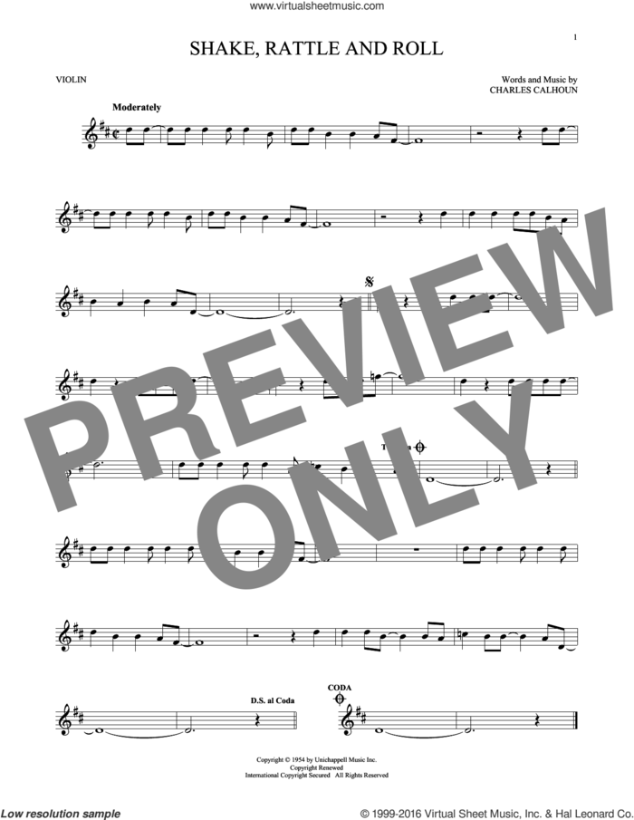 Shake, Rattle And Roll sheet music for violin solo by Bill Haley & His Comets, Arthur Conley and Charles Calhoun, intermediate skill level