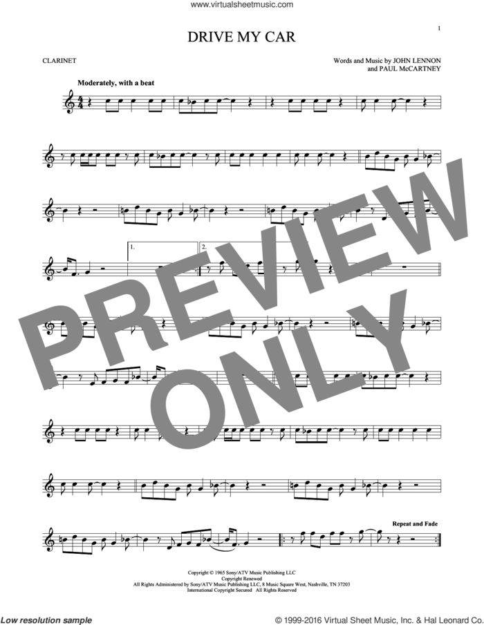 Drive My Car sheet music for clarinet solo by The Beatles, John Lennon and Paul McCartney, intermediate skill level