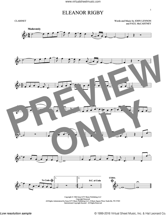 Eleanor Rigby sheet music for clarinet solo by The Beatles, David Cook, John Lennon and Paul McCartney, intermediate skill level