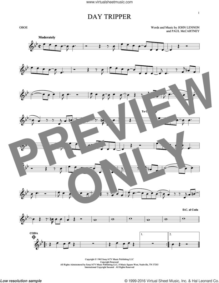 Day Tripper sheet music for oboe solo by The Beatles, John Lennon and Paul McCartney, intermediate skill level