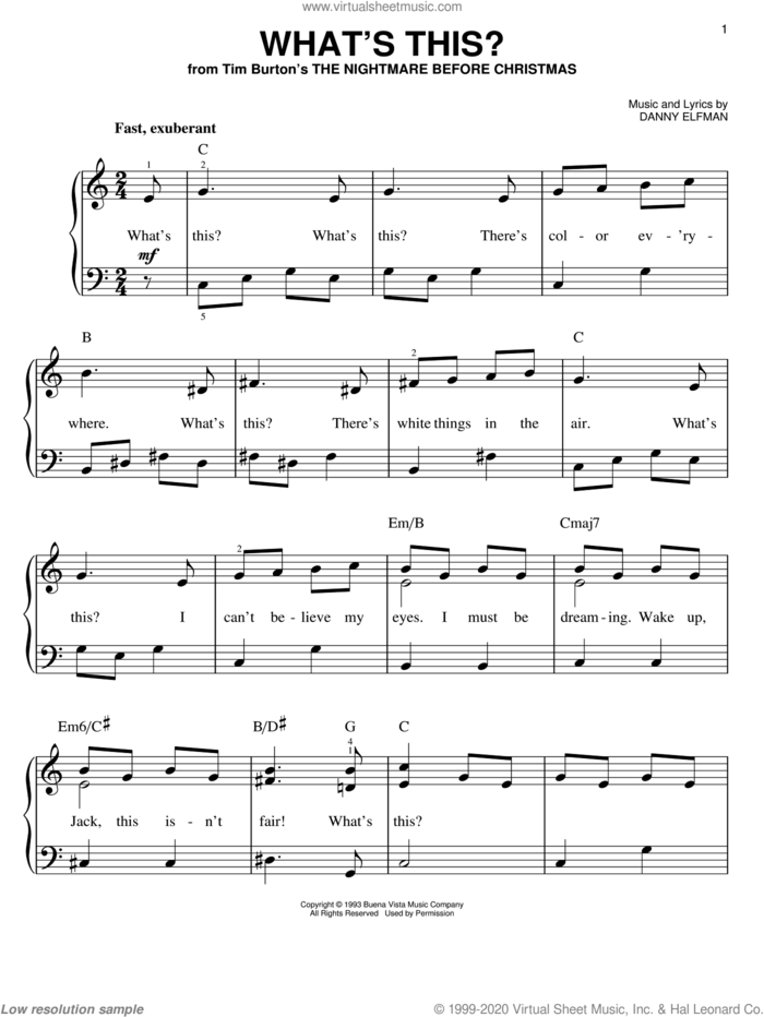 What's This? (from The Nightmare Before Christmas) sheet music for piano solo by Danny Elfman and The Nightmare Before Christmas (Movie), easy skill level