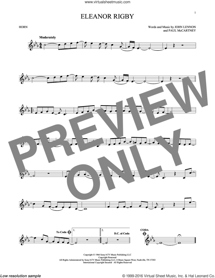 Eleanor Rigby sheet music for horn solo by The Beatles, David Cook, John Lennon and Paul McCartney, intermediate skill level