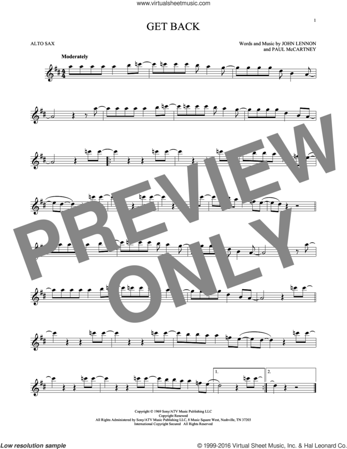 Get Back sheet music for alto saxophone solo by The Beatles, John Lennon and Paul McCartney, intermediate skill level