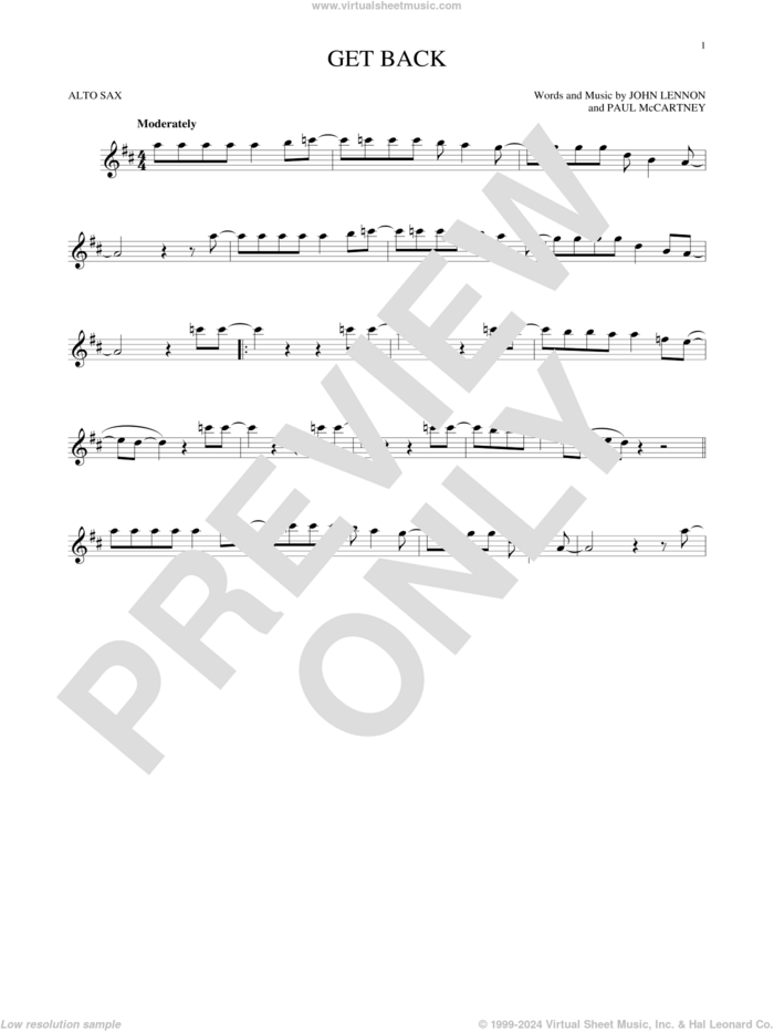 Get Back sheet music for alto saxophone solo by The Beatles, John Lennon and Paul McCartney, intermediate skill level