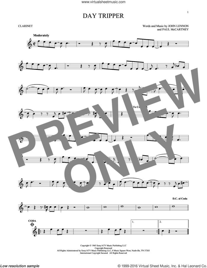 Day Tripper sheet music for clarinet solo by The Beatles, John Lennon and Paul McCartney, intermediate skill level