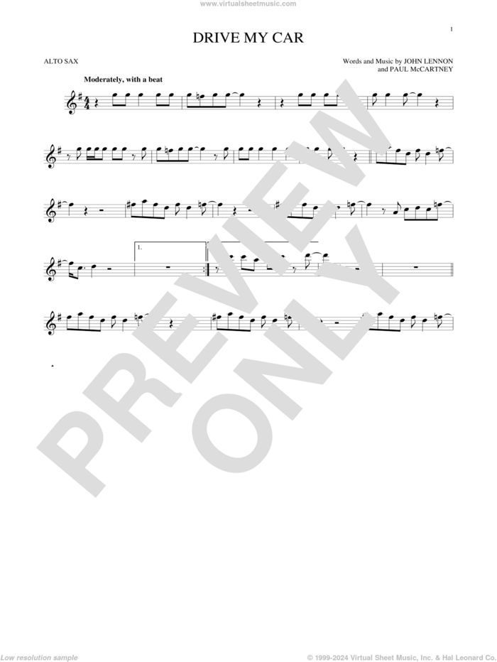 Drive My Car sheet music for alto saxophone solo by The Beatles, John Lennon and Paul McCartney, intermediate skill level