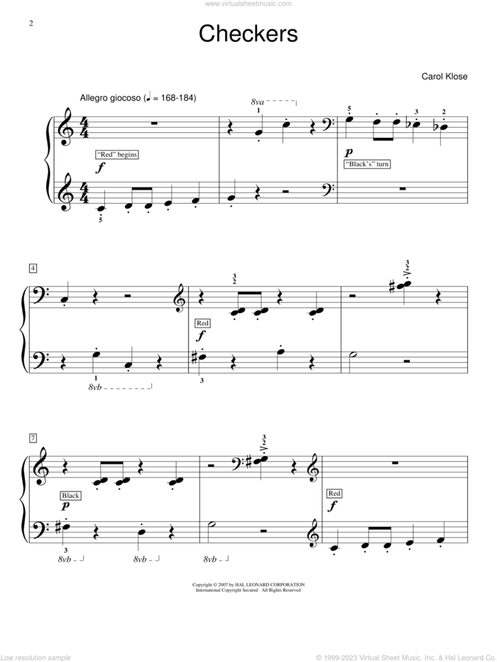 Checkers sheet music for piano solo (elementary) by Carol Klose and Miscellaneous, beginner piano (elementary)