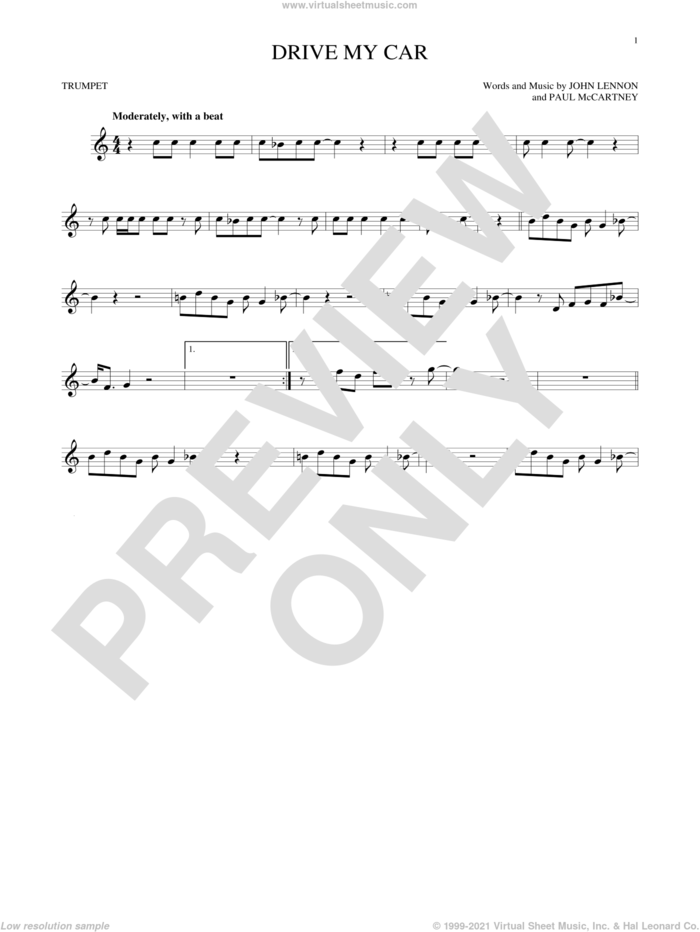 Drive My Car sheet music for trumpet solo by The Beatles, John Lennon and Paul McCartney, intermediate skill level