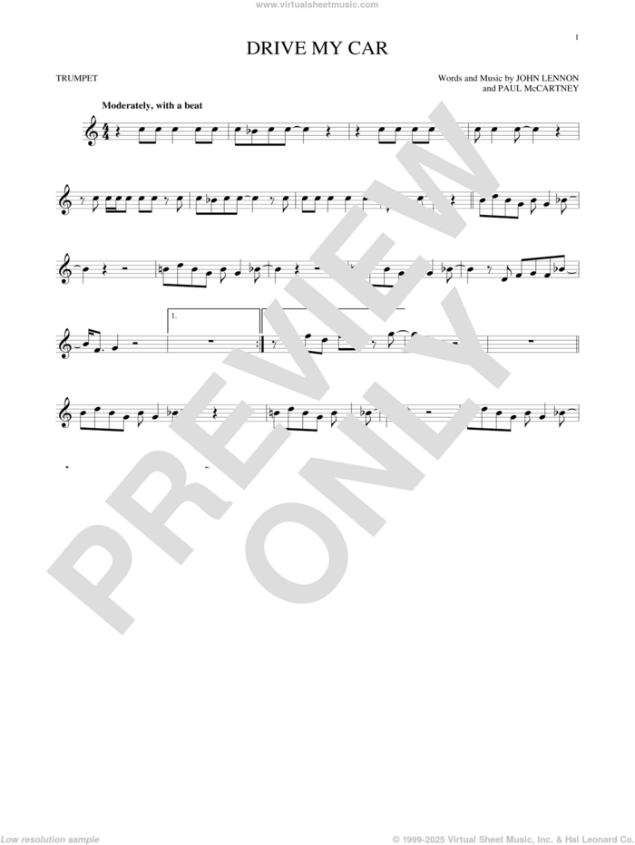 Drive My Car sheet music for trumpet solo by The Beatles, John Lennon and Paul McCartney, intermediate skill level