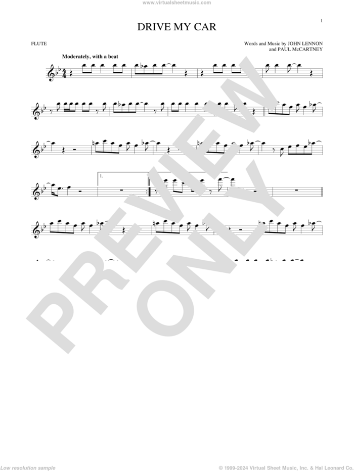 Drive My Car sheet music for flute solo by The Beatles, John Lennon and Paul McCartney, intermediate skill level