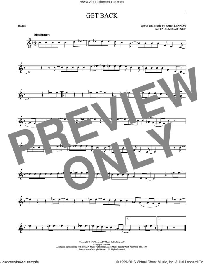 Get Back sheet music for horn solo by The Beatles, John Lennon and Paul McCartney, intermediate skill level