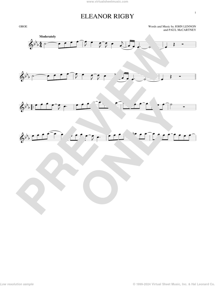 Eleanor Rigby sheet music for oboe solo by The Beatles, David Cook, John Lennon and Paul McCartney, intermediate skill level