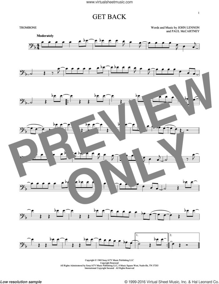 Get Back sheet music for trombone solo by The Beatles, John Lennon and Paul McCartney, intermediate skill level