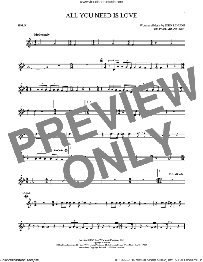 All You Need Is Love sheet music for horn solo by The Beatles, John Lennon and Paul McCartney, wedding score, intermediate skill level