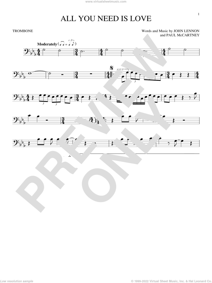 All You Need Is Love sheet music for trombone solo by The Beatles, John Lennon and Paul McCartney, wedding score, intermediate skill level