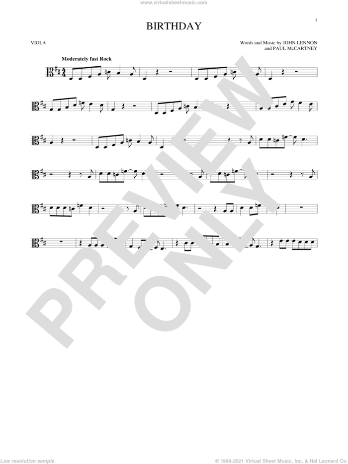 Birthday sheet music for viola solo by The Beatles, John Lennon and Paul McCartney, intermediate skill level