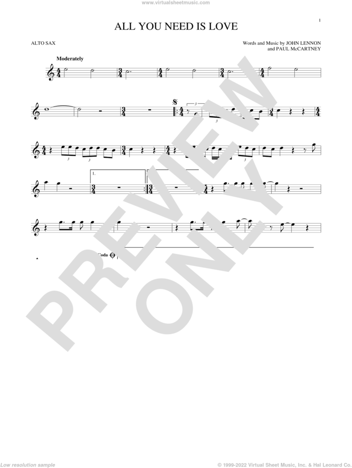 All You Need Is Love sheet music for alto saxophone solo by The Beatles, John Lennon and Paul McCartney, wedding score, intermediate skill level