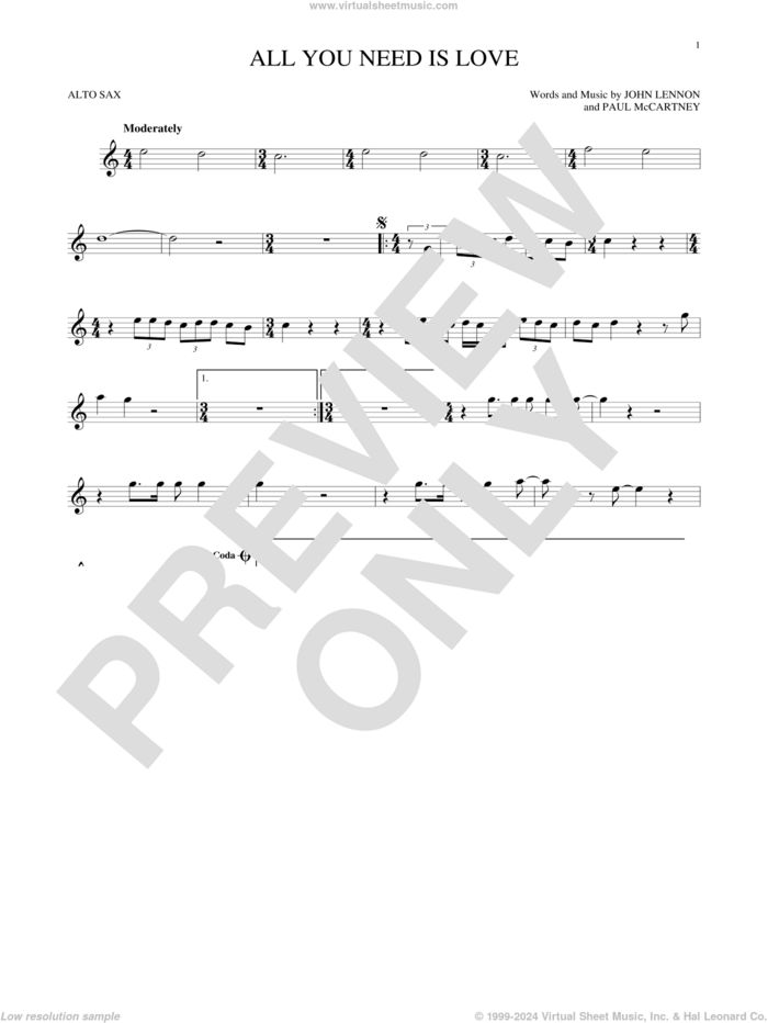 All You Need Is Love sheet music for alto saxophone solo by The Beatles, John Lennon and Paul McCartney, wedding score, intermediate skill level