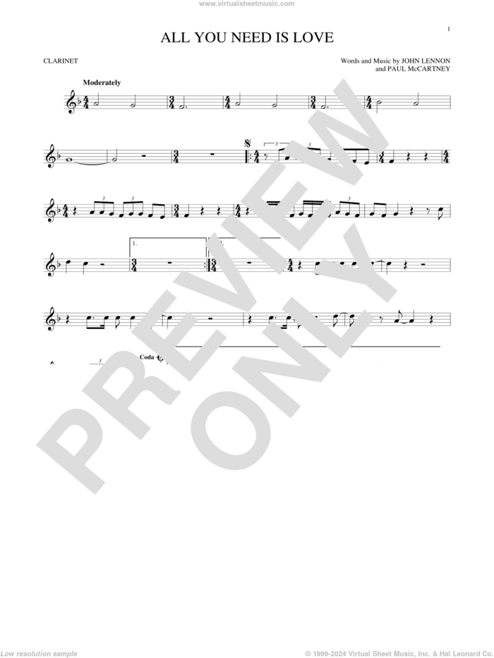 All You Need Is Love sheet music for clarinet solo by The Beatles, John Lennon and Paul McCartney, wedding score, intermediate skill level