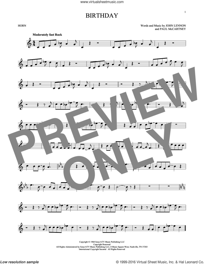 Birthday sheet music for horn solo by The Beatles, John Lennon and Paul McCartney, intermediate skill level