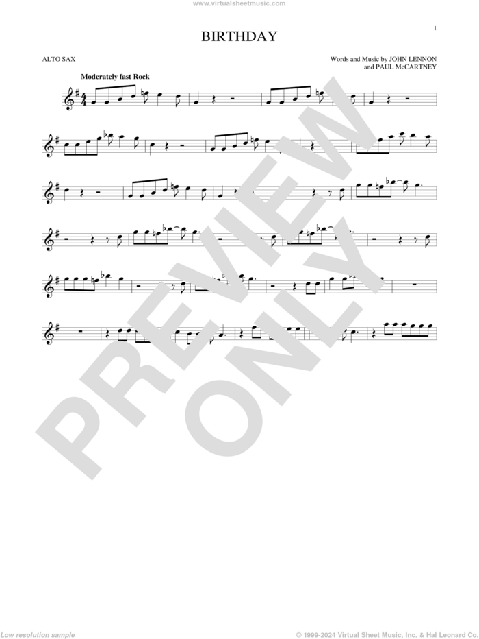 Birthday sheet music for alto saxophone solo by The Beatles, John Lennon and Paul McCartney, intermediate skill level