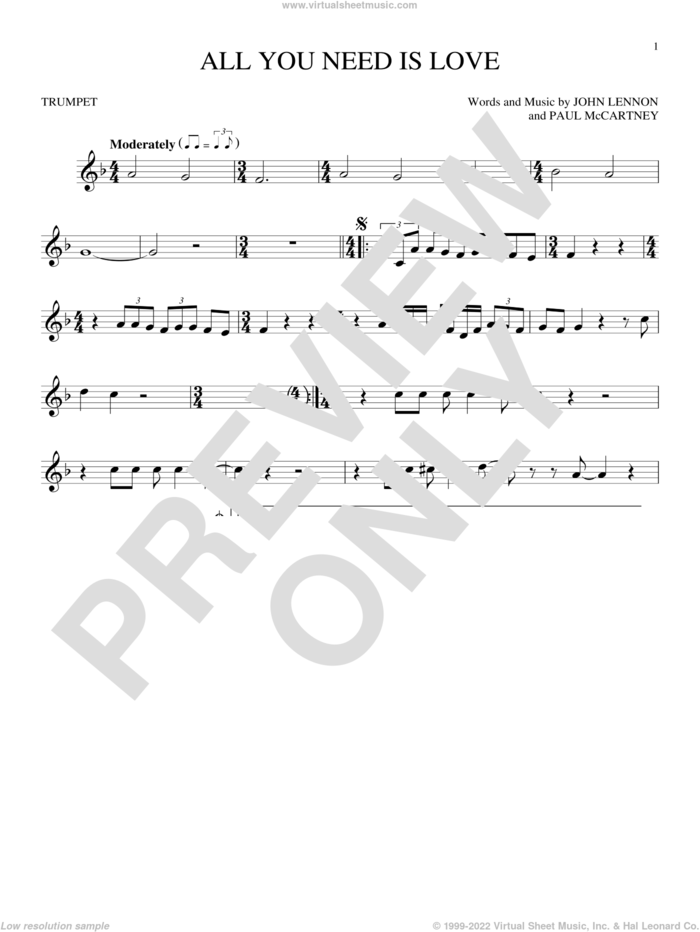 All You Need Is Love sheet music for trumpet solo by The Beatles, John Lennon and Paul McCartney, wedding score, intermediate skill level