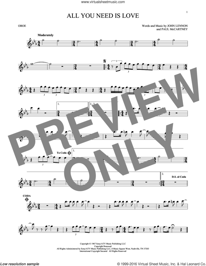 All You Need Is Love sheet music for oboe solo by The Beatles, John Lennon and Paul McCartney, wedding score, intermediate skill level