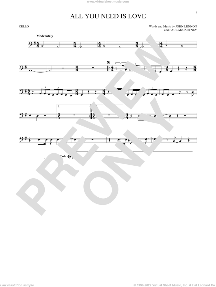 All You Need Is Love sheet music for cello solo by The Beatles, John Lennon and Paul McCartney, wedding score, intermediate skill level
