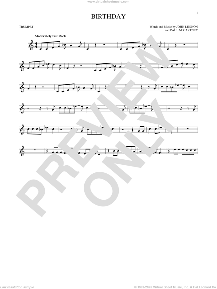 Birthday sheet music for trumpet solo by The Beatles, John Lennon and Paul McCartney, intermediate skill level