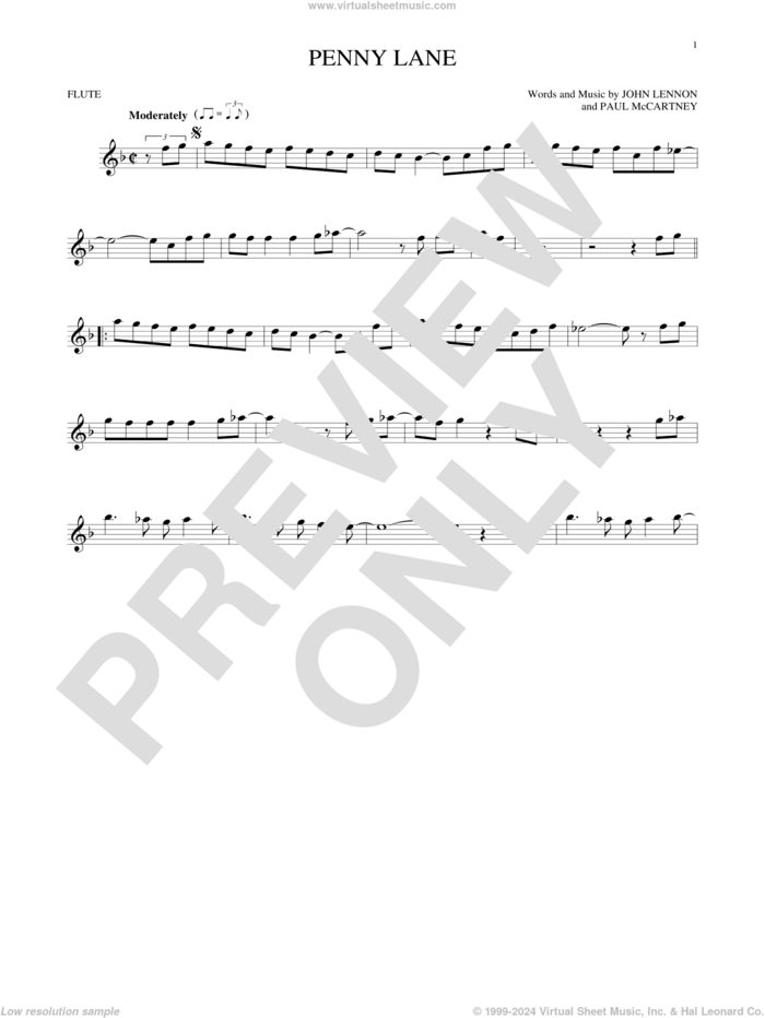 Penny Lane sheet music for flute solo by The Beatles, John Lennon and Paul McCartney, intermediate skill level