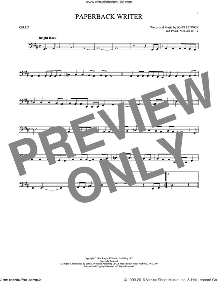 Paperback Writer sheet music for cello solo by The Beatles, John Lennon and Paul McCartney, intermediate skill level