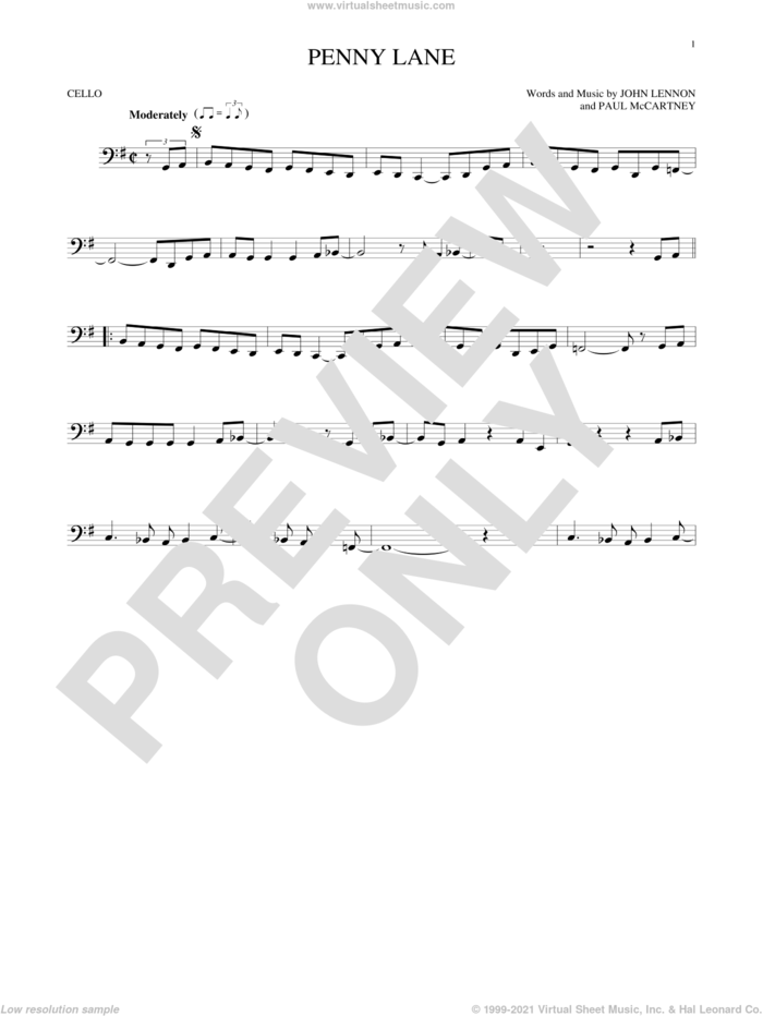 Penny Lane sheet music for cello solo by The Beatles, John Lennon and Paul McCartney, intermediate skill level