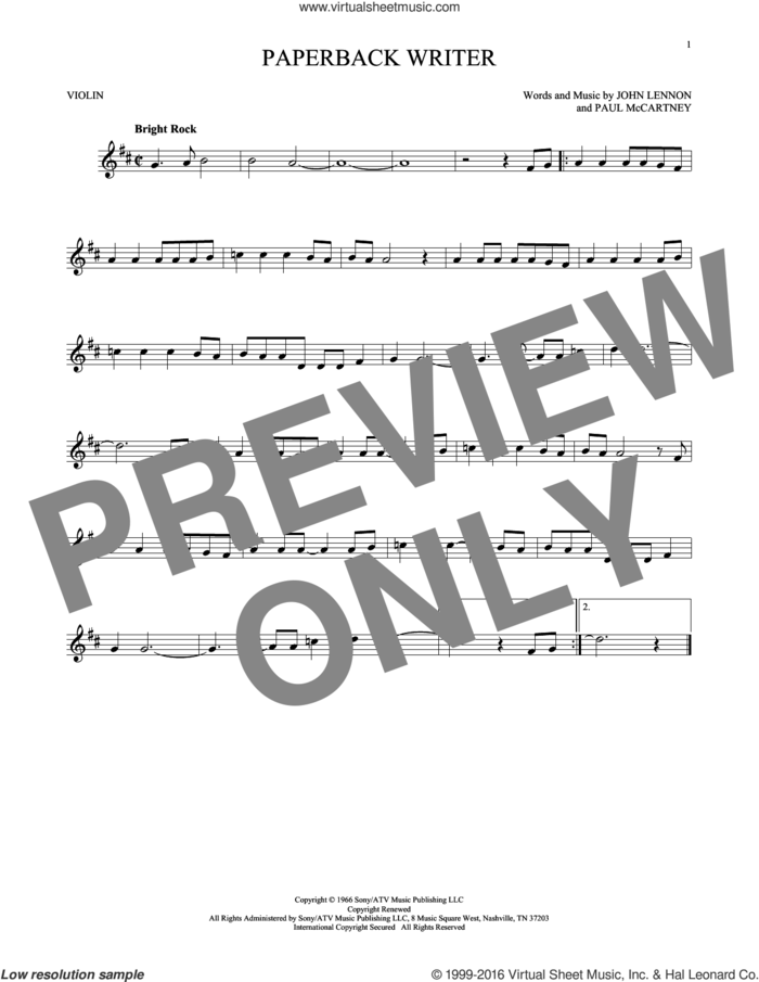 Paperback Writer sheet music for violin solo by The Beatles, John Lennon and Paul McCartney, intermediate skill level