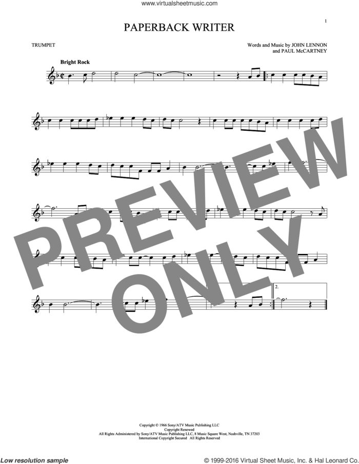 Paperback Writer sheet music for trumpet solo by The Beatles, John Lennon and Paul McCartney, intermediate skill level