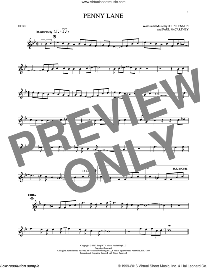 Penny Lane sheet music for horn solo by The Beatles, John Lennon and Paul McCartney, intermediate skill level