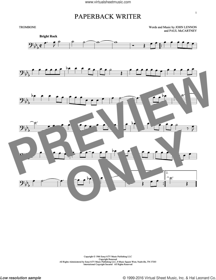 Paperback Writer sheet music for trombone solo by The Beatles, John Lennon and Paul McCartney, intermediate skill level