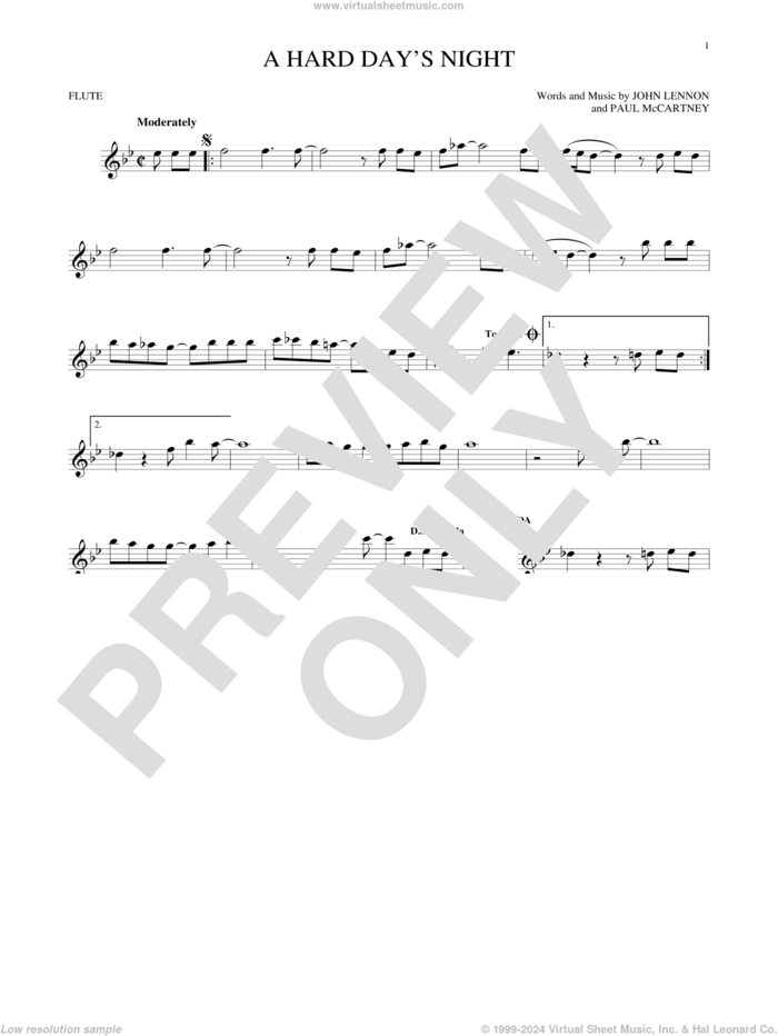 A Hard Day's Night sheet music for flute solo by The Beatles, John Lennon and Paul McCartney, intermediate skill level