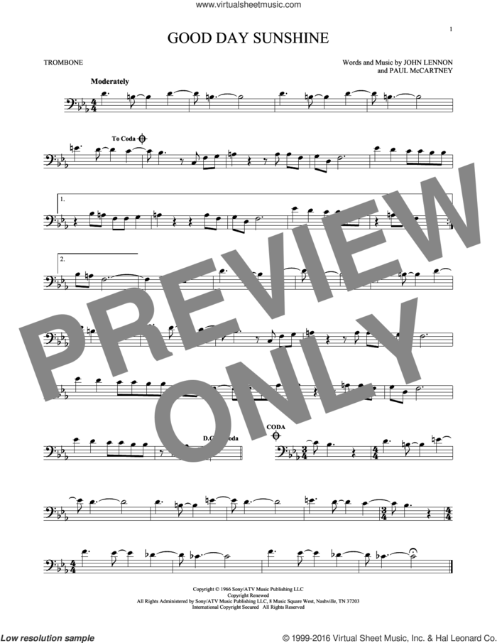Good Day Sunshine sheet music for trombone solo by The Beatles, John Lennon and Paul McCartney, intermediate skill level