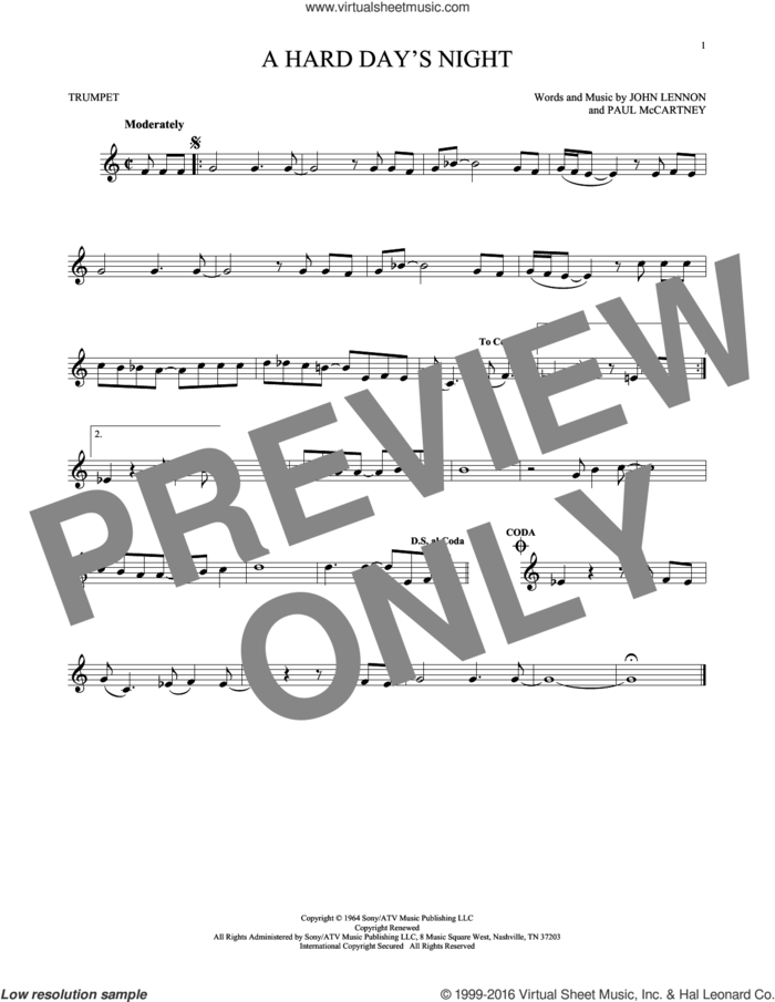 A Hard Day's Night sheet music for trumpet solo by The Beatles, John Lennon and Paul McCartney, intermediate skill level